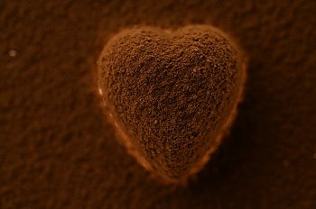 A chocolate heart dusted with cocoa powder and sitting on a cocoa-covered background