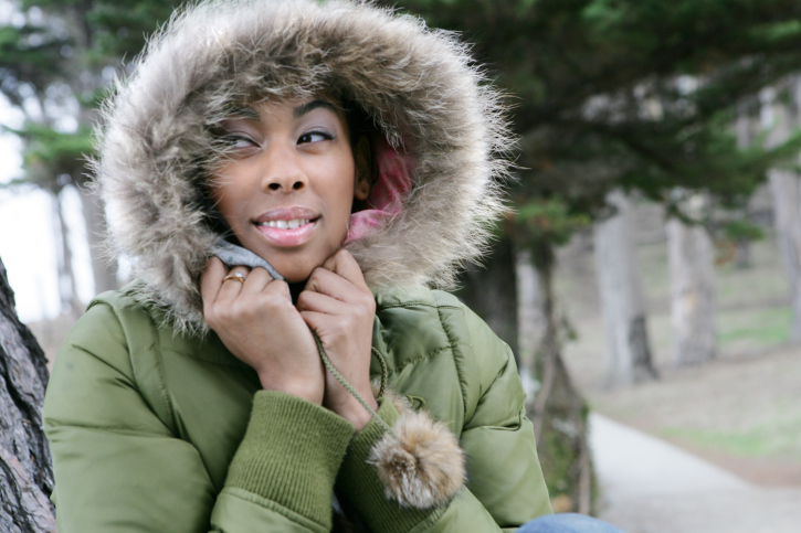 young African American woman in fur hooded coat winter