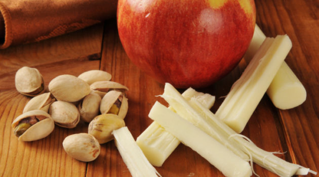 healthy snacks, pistachio, apple and string cheese