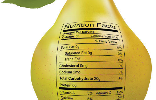 Pear with nutrition facts label
