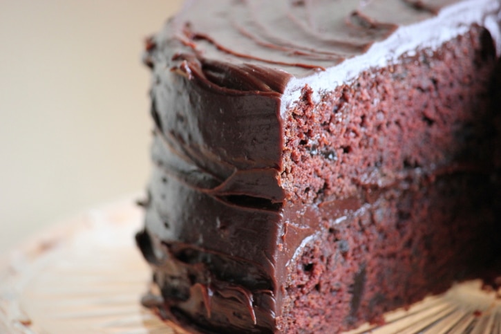 Chocolate Cake on Platter with slice cut out