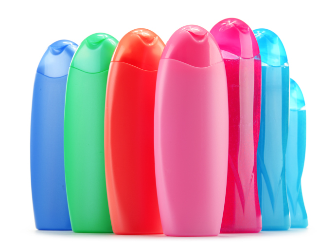 colorful bottles of shampoo conditioner