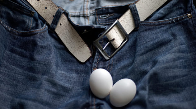 Testicles two eggs on jeans