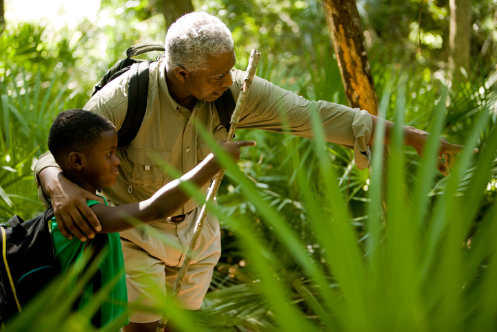 Older African American man and boy walking in forest