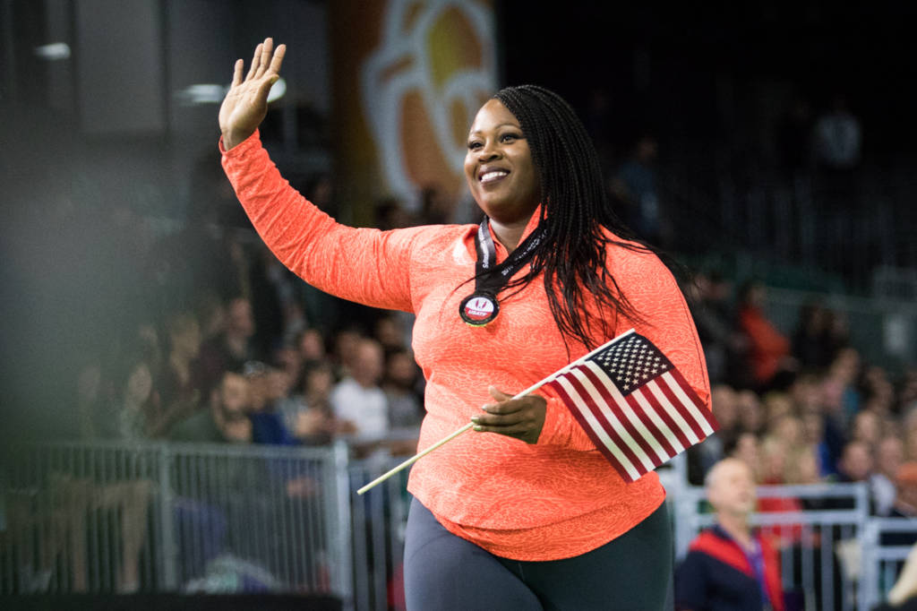 Michelle Carter of Nike takes a victory lap after winning Women's Shot put. The US Indoor Track & Field Championships are held at the Oregon Convention Center in Portland, Ore. on March 11, 2016. (Samuel Marshall/Emerald)