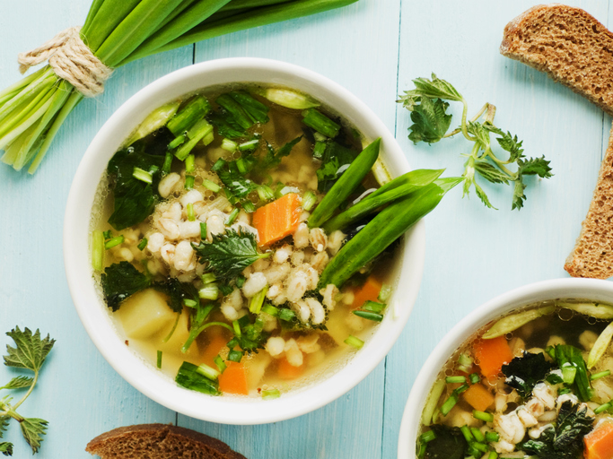 Soup with pearl barley, nettle, carrot and leek. Shallow dof.